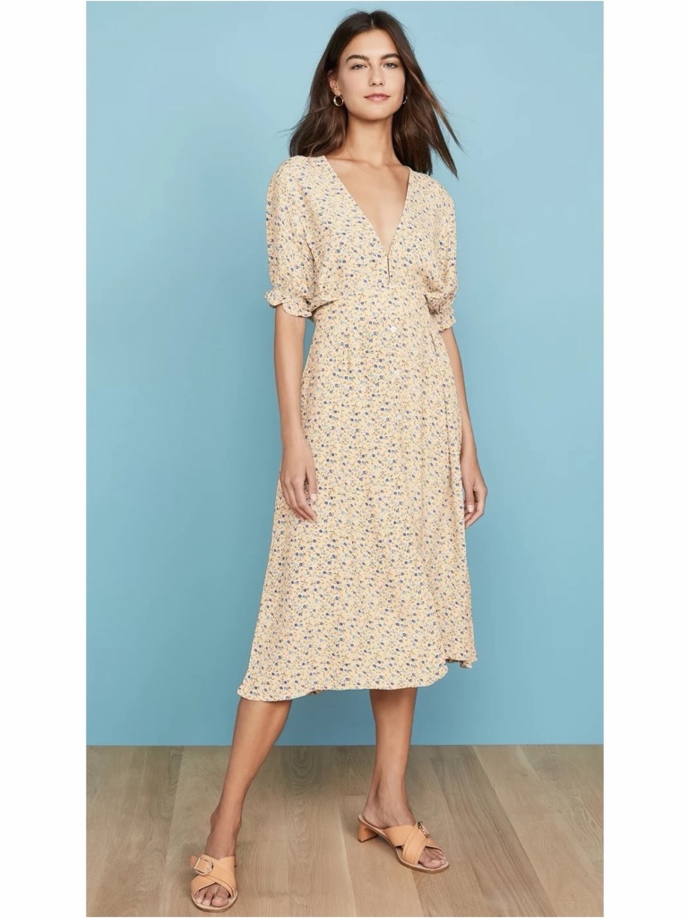 Faithfull the Brand Farrah Midi Dress Cornflower Blue Floral Butter Yellow Large